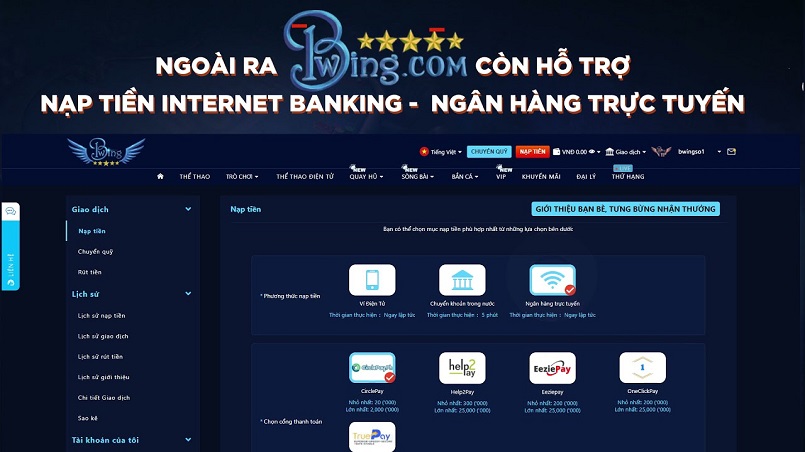 Nạp tiền Bwing thông qua Internet banking